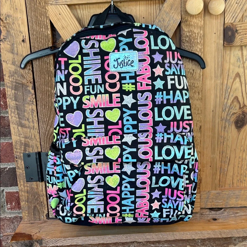 Justice Girls Multicolor Graphic Colorful Glitter and Black Text Backpack